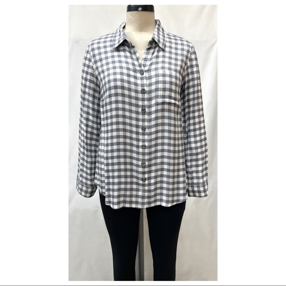 Coldwater Creek Gray Ivory Yarn Dye Check Button Down Long Sleeve Shirt